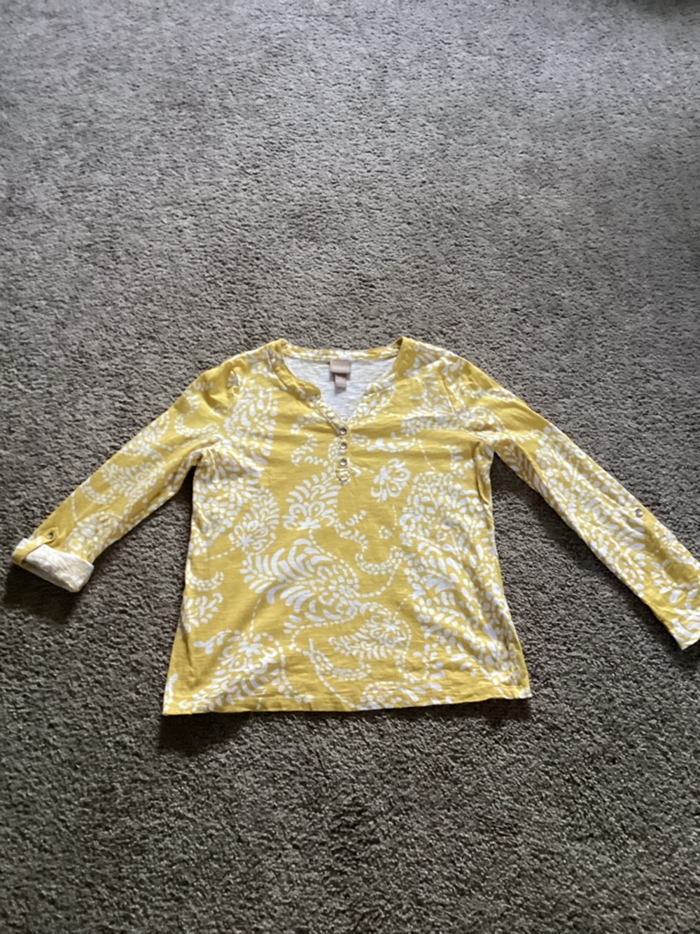 Chico's Yellow and White Printed Long Sleeve Henley Top
